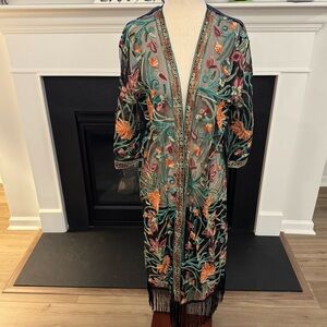 American Flirt Embroidered Sheer Duster Kimono | Floral Fringe Hem | Size Large